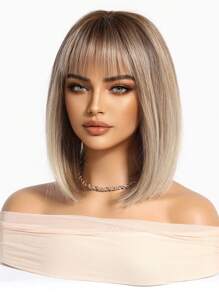 14-Inch Brown Ombre Straight Bangs Short Bob Straight Synthetic Hair Replacement Wig For Women's Daily Party - 漸層 - 查看 3