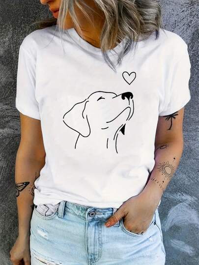 Camiseta casual de verano holgada de mujer de unicolor con cuello redondo y manga corta con estampado de perro en blanco