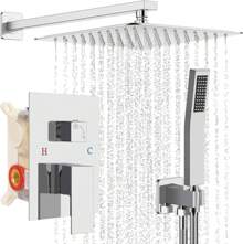 Shower Faucet Set Shower System Featuring An 8-Inch/10-Inch/12-Inch Rain Showerhead And Handheld Showerhead. Complete Shower Combination Set With Concealed Valve And Decorative Trim Kit. - Chrome - View 1