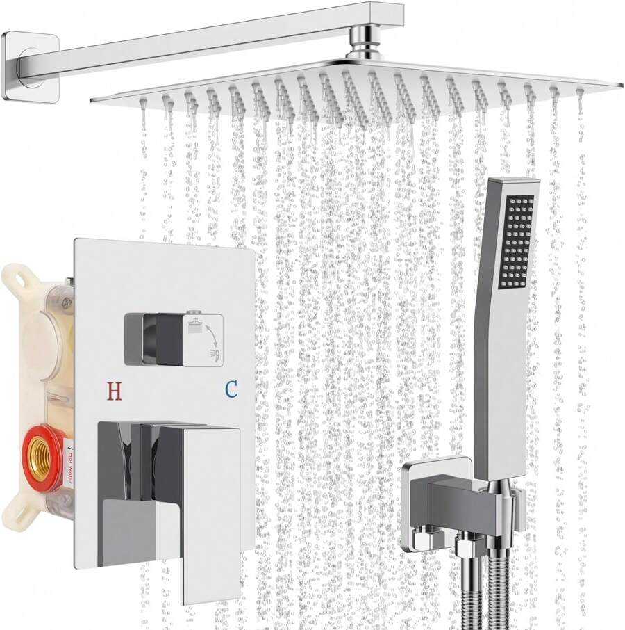 Shower Faucet Set Shower System Featuring An 8-Inch/10-Inch/12-Inch Rain Showerhead And Handheld Showerhead. Complete Shower Combination Set With Concealed Valve And Decorative Trim Kit. - Chrome - View 1