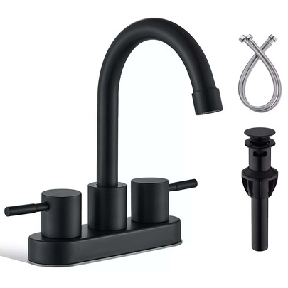 Black Bathroom Faucet 2 Handle Bathroom Sink Faucet 4 Inch Centerset Bathroom Faucets 3 Holes Lavatory Faucet With Lift Rod Drain Stopper Vanity Faucet Lead-Free Basin Mixer Tap Matte Black