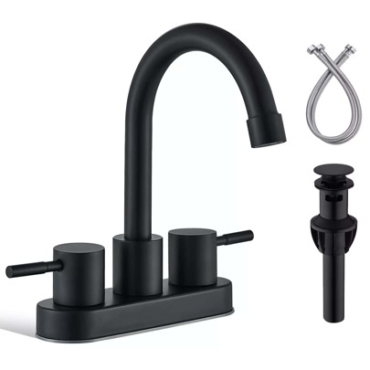 Black Bathroom Faucet 2 Handle Bathroom Sink Faucet 4 Inch Centerset Bathroom Faucets 3 Holes Lavatory Faucet With Lift Rod Drain Stopper Vanity Faucet Lead-Free Basin Mixer Tap Matte Black
