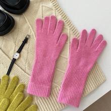 2024 Guantes elásticos de dedos completos para mujeres, guantes largos de lana de conejo, manoplas de invierno para mujeres, manoplas de color sólido, guantes gruesos y cálidos - Gris - Ver 10