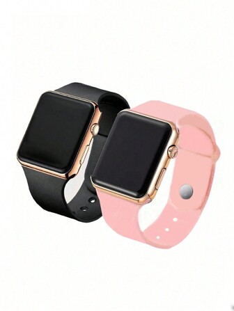 2pcs Black & Pink PVC Strap Sporty Square Digital Watch, Suitable For Daily Life