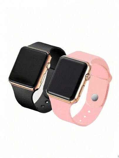 Reloj digital deportivo cuadrado con correa de PVC negra y rosa, 2 piezas, adecuado para la vida diaria