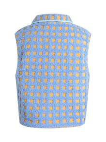 Womens Fuzzy Checkered Vest Sleeveless Stand Collar Zip Up Vest Jacket Winter Warm Outwear Cozy Fleece Fashion - 藍色 - 查看 4