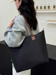 Minimalist Fashion Large Capacity Oxford Cloth Tote Bag For Women, Lightweight Versatile Shoulder Bag, Casual Handbag - Black - View 7