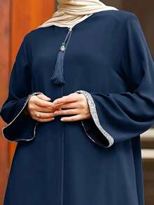 Fashionable Women's Casual Solid Color Loose Crew Neck Zip-Up Long Robe Dress, Dignified And Elegant Abaya Robe - Blue - View 4