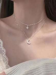 1pc Minimalist Elegant Sweet Cute Rhinestone Star & Moon Double Layer Necklace, Suitable For Women, Wedding, Daily Wear, Holiday - Silver - View 8