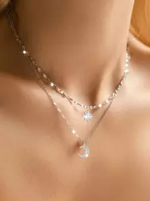 1pc Minimalist Elegant Sweet Cute Rhinestone Star & Moon Double Layer Necklace, Suitable For Women, Wedding, Daily Wear, Holiday - Silver - View 7