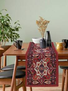 1 Stück Böhmisch-Artiger Tischläufer, Vintage Geometrischer Stil Tischdecke mit roten Blumen, Abstrakte Kunst, Waschbar für Innen- und Außenbereich, Party, Küche, Zuhause, Esstisch, Couchtisch, Restaurant Dekoration
