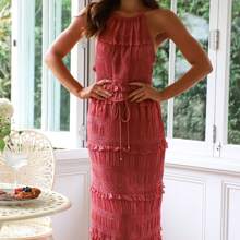 Women Summer Outfit Shirred Tie-Up Halter Neck Sleeveless Open Black Tank Tops Drawstring Long Skirt 2 Pcs Set - 紅色 - 查看 8