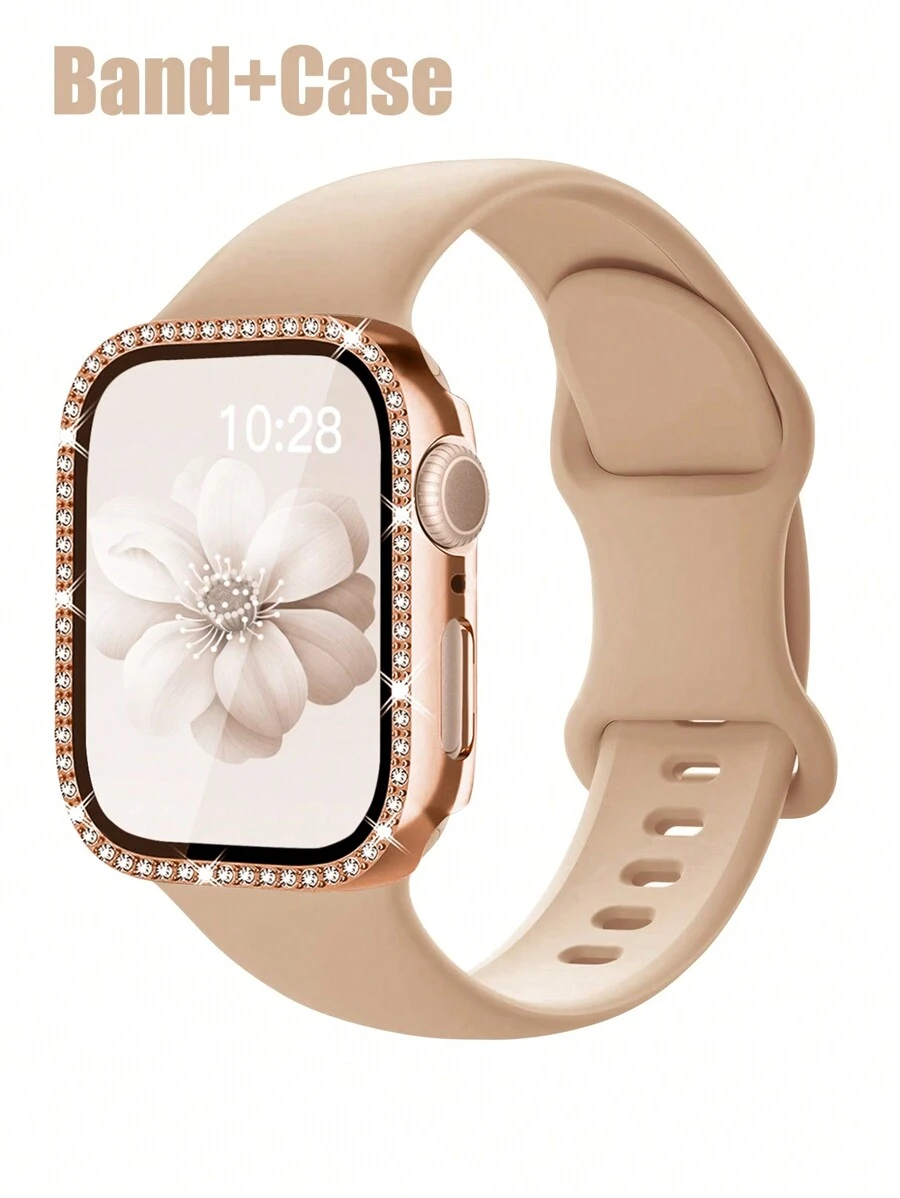 Tương thích với bộ dây đeo và vỏ đồng hồ Apple Bộ kết hợp thời trang, thể thao, mềm mại và thoải mái Khóa đinh tán Dây đeo silicon + Vỏ máy tính chống rơi và chống trầy xước đính đá sáng bóng có tích hợp màng kính cường lực Tương thích với Apple Watch 38/40/41/42/44/45/46/49mm Vỏ dây đeo thay thế Tương thích với Apple Watch Series Ultra/11/10/9/8/7/6/5/4/3/Se dành cho nữ - Màu trà sữa + vỏ vàng hồng - Xem 1