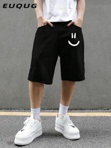 Męskie, casualowe, jeansowe szorty z nadrukiem Smiling Face