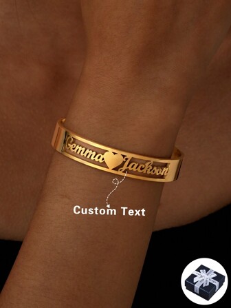 Personalized Customized Couple Name Stainless Steel Gold Open Bangle Bracelet, Custom Made Mother's Day/Valentine's Day/Birthday/Anniversary Gift For Friends/Classmates/Graduates/Family, Premium Christmas Gift