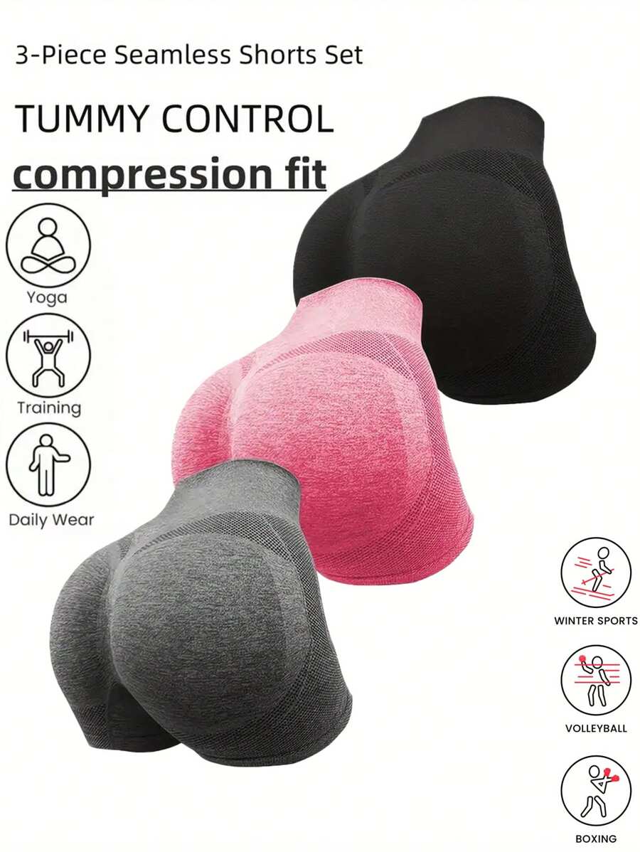 3pcs Seamless High Waist Shaping Shorts Sculpting Waist Butt Lifter Fashionable Fitness Biker Shorts For Women Gym Shorts - Multicolor - View 1