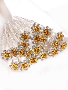 20pcs Women's Metal Rose Flower Hairpin With Rhinestone Decoration For Wedding Bridal Updo, Gold Royal Valentine's Day Valentines Hair Combs Combs For Hair Side Comb