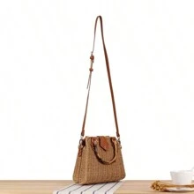 Straw Bag With Bamboo Style Hand Strap And Crossbody Smooth Lining Synthetic Leather Detail