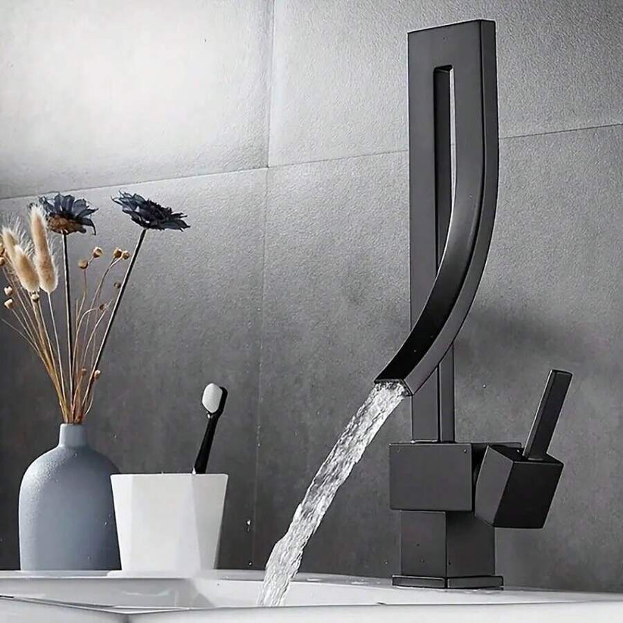Modern Bathroom Sink Faucet Waterfall Single Handle Single Hole Lavatory Mixer Tap - Black - View 1