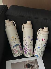 1 件 600ml/20.29oz、800ml/27.06oz、1000ml/33.82oz 双层不锈钢隔热杯，春花图案，户外运动水壶，平底杯，茶壶，茶杯，适合办公室、户外、家居、生日、情人节、母亲节、毕业典礼、返校礼物