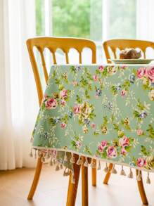 1 件美式乡村风格绿玫瑰流苏桌布，春夏家居餐桌装饰，可水洗长方形餐桌、茶几、床头柜防尘罩，适用于农舍、厨房、餐厅、晚宴、野餐、约会、情人节、户外 - 彩色 - 查看 5