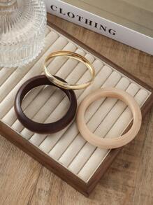 3pcs Vintage Geometric Wooden Resin Metal Bangle Bracelet Set, Suitable For Women Casual, Party Wear