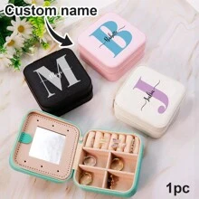 1PC Personalized Jewelry Box With Mirror , Initials,Custom Name PU Square Jewelry Box Gift, Travel Leather Ring Box, Customized Jewelry Storage Box, Women'S Mother'S Day Gift, Best Friend, Mother, Grandma, Girlfriend'S Gift