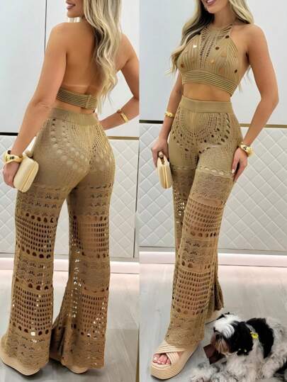 ChicMe 2 Pieces Halter Sleeveless Crop Top And Casual Hollow-Out Loose Fit Pants Set