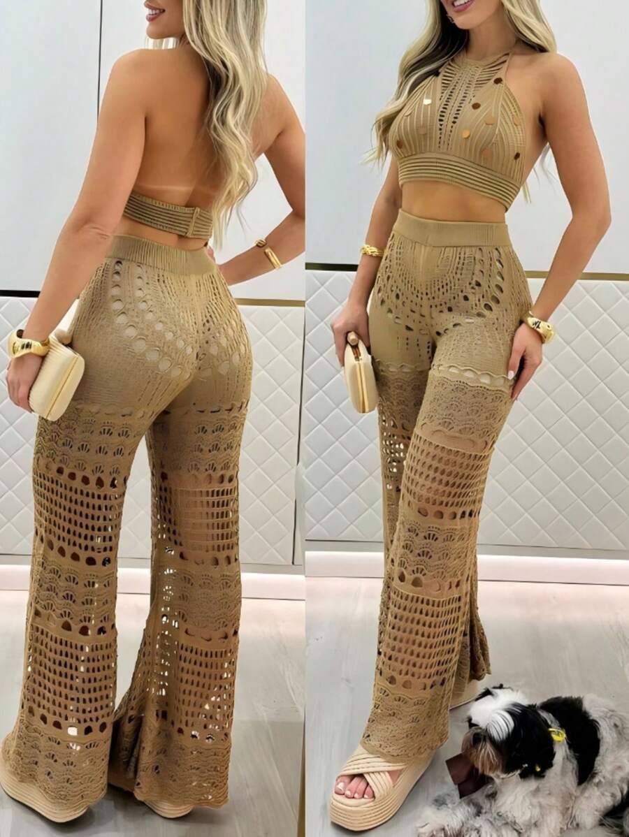 ChicMe 2 Pieces Halter Sleeveless Crop Top And Casual Hollow-Out Loose Fit Pants Set - Brown - View 1