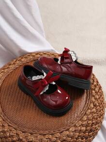 1 Pair Girls' Leather Shoes, Soft Bottom Princess Style Bowknot Flats, New Spring/Autumn 2024 Collection