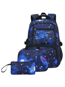 3pcs/Set Starry Sky Print Backpack With Lunch Box & Pencil Case, Large Capacity Multi-Pocket Student Backpack, Casual Lightweight Travel Backpack, 18-Inch Laptop Bag, Unisex, Suitable For Daily, Travel, School, Back To School Gift