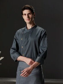 高端定制长袖厨师服，透气，男士舒适。双滚边设计，适用于餐饮、面包店、酒店厨房、餐厅、自助餐厅、西餐厅，秋冬春季长袖厨师制服，黑色和灰色可选，加大码 - 灰色 - 查看 3