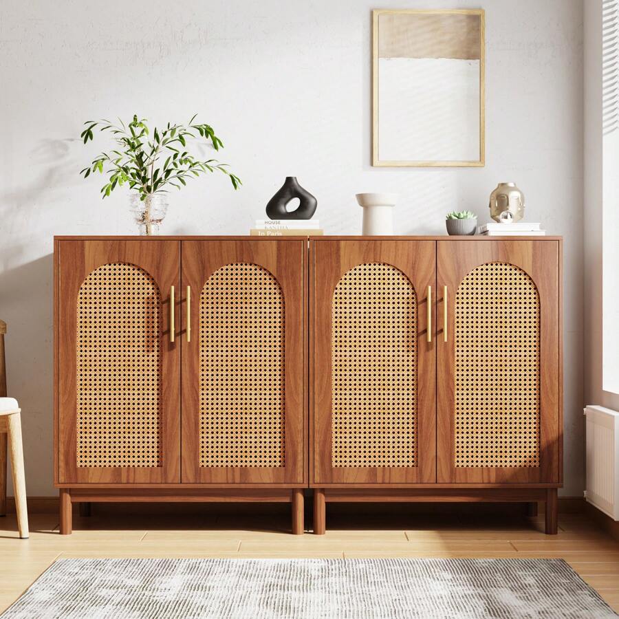 LITTLE TREE Modern Buffet Cabinet With Storage, 59 Inch Kitchen Sideboard Cabinet With 4 Doors, Coffee Bar Cabinet Storage Cabinet For Dining Room, Living Room, Brown - 焦糖棕 - 查看 1