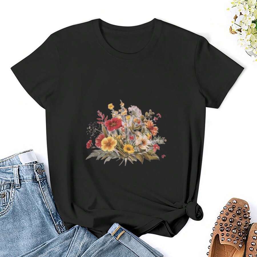Women Wildflower T Shirts Shirt Short Sleeves T Shirt Casual T Shirts Novelty Shirt Graphic Tees Clothes Top - Black - View 1