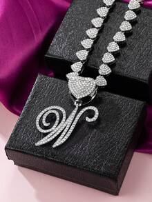 Collares con colgante inicial Cadena de Miami con colgante de letra para mujeres Joyería de estilo Hip Hop con cadena de letras con piedras engarzadas como regalo - Plateado - Ver 16