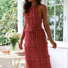 Women Summer Outfit Shirred Tie-Up Halter Neck Sleeveless Open Black Tank Tops Drawstring Long Skirt 2 Pcs Set - 紅色 - 查看 9