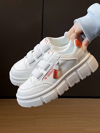 Women's Retro Thick Bottom Low-Top Skateboard Shoes, Hook And Loop Closure Breathable Casual Sports Shoes, Comfortable & Lightweight Walking Sneakers, College Style