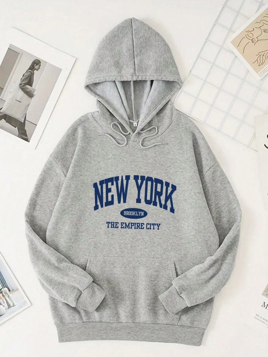 Sudadera Con Capucha Y CordóN Con Estampado De Letra Para Tallas Grandes Mujer - Gris - Ver 1