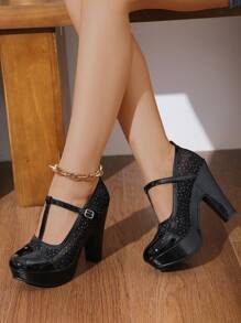 性感黑色网眼高跟鞋，粗跟，低鞋面透气时尚简约优雅女士圆头平底鞋