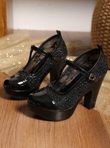 性感黑色网眼高跟鞋，粗跟，低鞋面透气时尚简约优雅女士圆头平底鞋