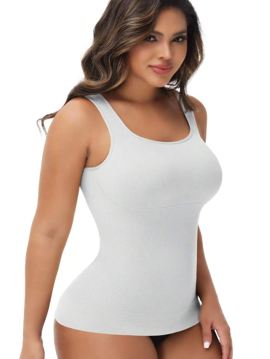 Slimming Women Tummy Control Shapewear Abdomen Compression Camisole Cami Vest Scoop Neck Tank Top Body Shaper Ladies Underwear Undershirts Shaping Tops Shirts Wide Shoulder Strap No Pad - White - View 1