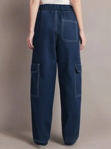 1 条适合青少年女孩的休闲百搭日常/通勤直筒裤 - 藏蓝色 - 查看 3