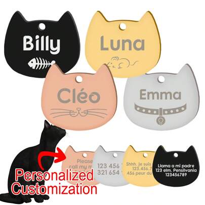Placa de identificación para gato, colgante de mascota, placa de identidad, 4 opciones de color, accesorios para mascotas, suministros antipelrdida para exteriores, información personal personalizable como nombre, teléfono, dirección