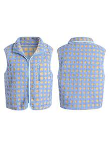 Womens Fuzzy Checkered Vest Sleeveless Stand Collar Zip Up Vest Jacket Winter Warm Outwear Cozy Fleece Fashion - 藍色 - 查看 2