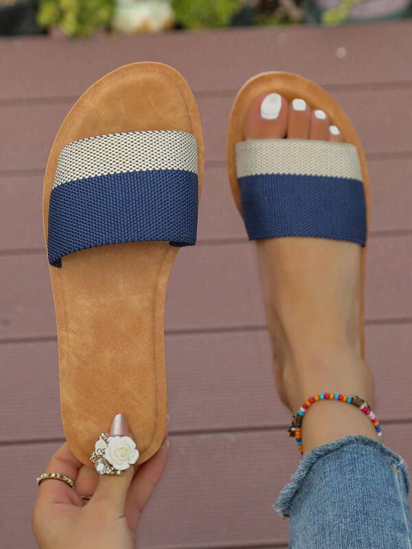 Women's Simple Classic Contrast Color Knitted PU Flat Sandals, Suitable For Home & Casual Wear