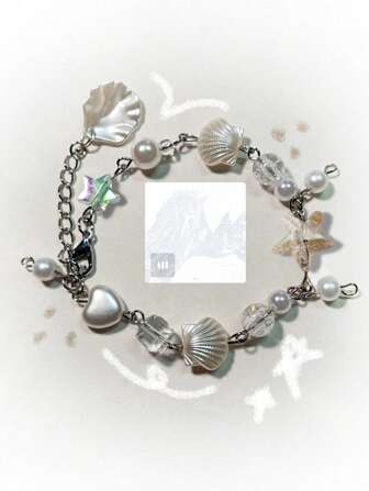 1 件甜美酷炫时尚金属和亚克力多色贝壳星心和珍珠串珠手链，适合女孩、生日礼物或日常佩戴情人节、妈妈、母亲、母亲节、礼物