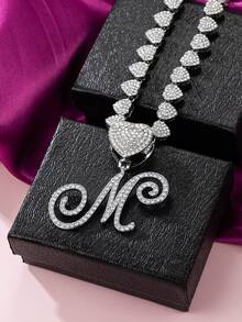Collares con colgante inicial Cadena de Miami con colgante de letra para mujeres Joyería de estilo Hip Hop con cadena de letras con piedras engarzadas como regalo - Plateado - Ver 18