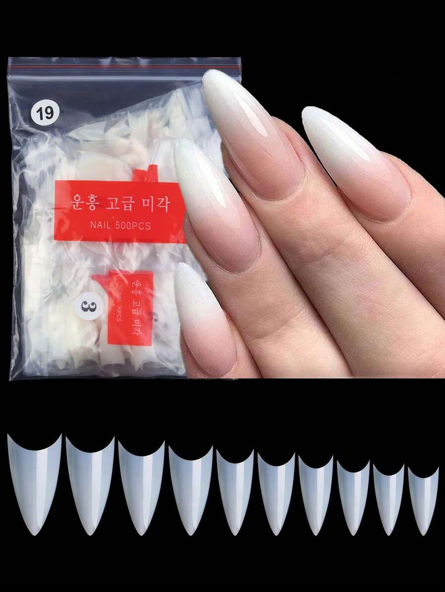 500片/袋 亚克力美甲贴片 尖头 棺材头 杏仁头 练习用甲片 人造假软胶全覆盖甲片 美甲工具 美甲用品