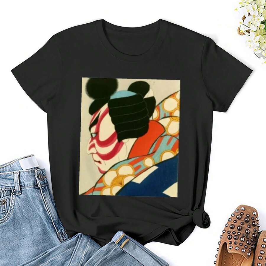 Camisetas japonesas retro kabuki para mujer, camisetas de manga corta, camisetas casuales, camisetas novedosas, camisetas gráficas, ropa superior - Negro - Ver 1