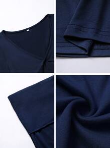 2pcs Women Y2K Casual Daily Solid Color Minimalist Long Sleeve V-Neck Top And Skinny Pants Set, Autumn - Navy Blue - View 10